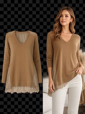 Women's Medium Brown Knit Sweater Semi Sheer sleeve Hi-Low hem Whimsical festive